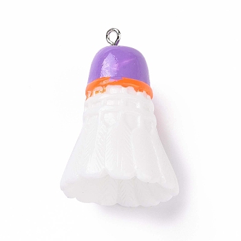 Sport Ball Theme Opaque Resin Pendants, Badminton Charms, with Platinum Plated Iron Loops, Lilac, 37.5x26mm, Hole: 2mm