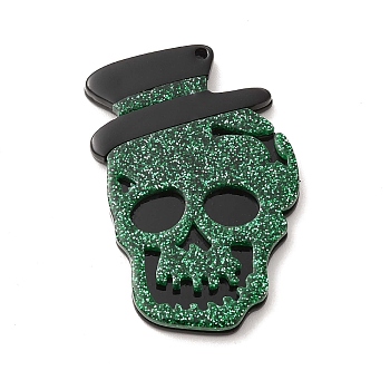 Halloween Acrylic Pendants,  with Sequins, Skull with Hat Charm, Green, 45x30x4mm, Hole: 2mm