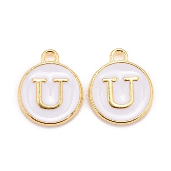 Golden Plated Alloy Charms, Cadmium Free & Lead Free, with Enamel, Enamelled Sequins, Flat Round with Letter, White, Letter.U, 14x12x2mm, Hole: 1.5mm