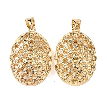 Brass Micro Pave Clear Cubic Zirconia Pendants, Long-Lasting Plated, Hollow Oval Charms, Real 18K Gold Plated, 25x17x8mm, Hole: 5x3.5mm