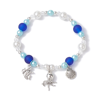 ABS Plastic Imitation Pearl Beaded Stretch Bracelet, with Alloy Charms, Octopus, Inner Diameter: 2-3/8 inch(6cm)