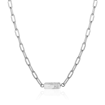 Natural Howlite Column Pendant Necklace with Stainless Steel Chains, Stainless Steel Color