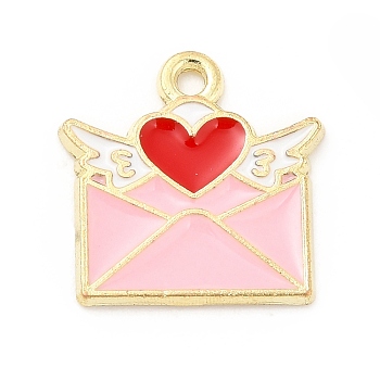 Alloy Enamel Pendants, Light Gold, Envelope with Heart & Wing Charm, Pink, 15x15x1mm, Hole: 1.4mm