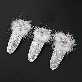 Christmas Snowflake Glitter Gretel Fabric with PU leather Snap Hair Clips, with Iron Clips and Mink Fur, Hair Accessorise for Girls, Silver, 60x20x9mm