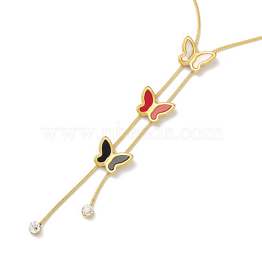 Colorful Natural Shell Butterfly & Crystal Rhinestone Pendant Lariat Necklace(NJEW-M199-04G)-2