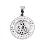 201 Stainless Steel Rhinestone Enamel Pendants, Flat Round & Flame Charms, Laser Cut, Stainless Steel Color, 22.5x20x2.5mm, Hole: 7.5x3.5mm(STAS-T073-57P)