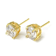 Brass with Cubic Zirconia Stud Earrings, Flat Round, Real 18K Gold Plated, 8mm(EJEW-G379-01G)