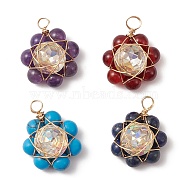 Natural & Synthetic Mixed Gemstone Flower Pendants, Golden Plated Copper Wire Wrapped Glass Charms, Mixed Dyed and Undyed, 17.5~18x13.5~14.5x6~6.5mm, Hole: 2~2.8mm(PALLOY-JF02158)
