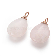 Natural Rose Quartz Pendants, with Rose Gold Tone Brass Findings, teardrop, 36~37x21~22x7~8mm, Hole: 4~5mm(G-I214-B01)