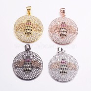 Brass Micro Pave Cubic Zirconia Pendants, Flat Round with Bee, Mixed Color, 24x22x4mm, Hole: 3x4mm(ZIRC-G128-11)