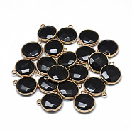 Dyed Natural Black Agate Pendants, with Golden Tone Brass Findings, Faceted, Flat Round, 21x18x6mm, Hole: 2mm(G-T073-01K)