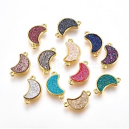Brass Links connectors, with Druzy Resin, Moon, Golden, Mixed Color, 18.5~19x10~10.5x3.5~4mm, Hole: 1mm(X-KK-O107-15G)