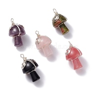 Natural & Synthetic Gemstone GuaSha Stone Pendants, with  Copper Wire Wrapped, Mushroom, Silver, 28.5x18mm, Hole: 2.5mm(PALLOY-JF01252)