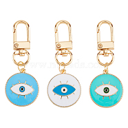 3Pcs 3 Colors Flat Round with Evil Eye Alloy Enamel Pendant Decoration, Swivel Clasp Charms for Keychain, Purse, Backpack Ornament, Mixed Color, 63mm, 1pc/color(KEYC-DC0001-23)