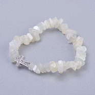 Natural White Moonstone Beads Stretch Bracelets, with Brass Micro Pave Cubic Zirconia Beads, Chip and Cross, Platinum, 2-1/8 inch(5.3cm)~2-1/8 inch(5.5cm)(BJEW-JB03926-10)