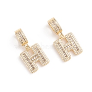 Brass Micro Pave Cubic Zirconia Pendants, Long-Lasting Plated, Letter, Clear, Letter.H, 32mm, Hole: 6.5x9mm, Letter.H: 18.5x15.7x3.5mm(ZIRC-G165-13G-H)