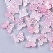 Transparent Spray Painted Glass Charms, with Glitter Powder, Butterfly, Pink, 9.5x11x3mm, Hole: 0.8mm(X-GLAA-T016-21D)