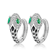 Snake Shape Rhodium Plated 925 Sterling Silver Hoop Earrings, with Green Cubic Zirconia, Platinum, 6mm(WH7700-2)