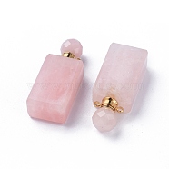 Faceted Natural Rose Quartz Openable Perfume Bottle Pendants, with 304 Stainless Steel Findings, Cuboid, Golden, 42~45x16.5~17x11mm, Hole: 1.8mm, Bottle Capacity: 1ml(0.034 fl. oz)(G-P435-C-03G)