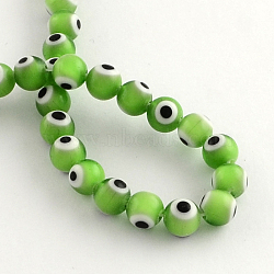Round Handmade Evil Eye Lampwork Beads, Lime Green, 6mm, Hole: 1mm, about 64pcs/strand, 14.1 inch(LAMP-R114-6mm-10)