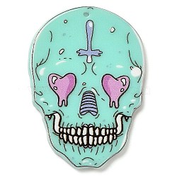 Halloween Theme Double-sided Printed Acrylic Pendants, Skull with Heart, Purple, 29.5x28x2.5mm, Hole: 1.4mm(MACR-D035-01A)