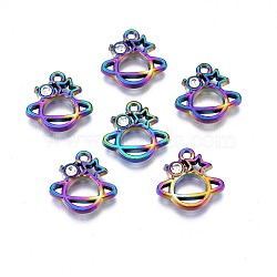 Rack Plating Rainbow Color Alloy Charms, with Crystal Rhinestone, Cadmium Free & Nickel Free & Lead Free, Planet, 12.5x12.5x2mm, Hole: 1.2mm(PALLOY-S180-087A)