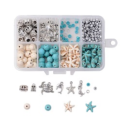 Ocean Theme DIY Jewelry Sets, with Synthetic Turquoise Beads, Alloy Pendants & Beads, Baking Paint Glass Seed Beads, Sea Turtle & Sea Star & Dolphin & Mermaid, Mixed Color, 110x70x30mm(DIY-JP0003-56)