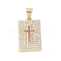 Real 18K Gold Plated Brass Micro Pave Cubic Zirconia Pendants, Rectangle with Cross, Medium Purple, 20x12x2mm, Hole: 3.6x4.8mm(KK-A209-10A-G)