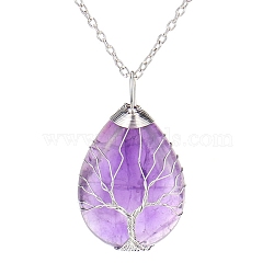 Natural Amethyst Teardrop Pendant Necklace, Platinum Copper Wire Wrap Necklace, 20.47 inch(52cm)(PW-WG91066-11)