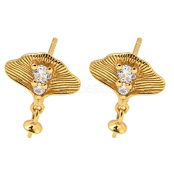 925 Sterling Silver Micro Pave Cubic Zirconia Stud Earrings Findings, Ginkgo, Real 18K Gold Plated, 15x12mm, Pin: 1x11mm(STER-B005-06G)