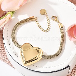 304 Stainless Steel Heart Links Bracelets, Mesh Chain Jewelry for Women, Real 18K Gold Plated, 7-1/2 inch(19cm)(BJEW-C089-12G)