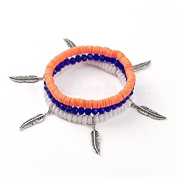 3Pcs 3 Styles Stretch Bracelets Sets, Stackable Bracelets, with Polymer Clay Heishi Beads, Glass Beads and Alloy Feather Pendants, Antique Silver, Mixed Color, Inner Diameter: 2-1/8 inch(5.5cm) and 2-1/4 inch(5.7cm), 1pc/style(BJEW-JB05899)