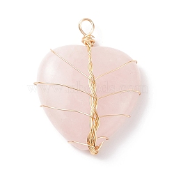 Natural Rose Quartz Pendants, with Light Gold Tone Copper Wire Wrapped, Heart, 38~41x30~31x9mm, Hole: 3~4mm(PALLOY-JF01653-04)