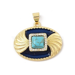 Synthetic Turquoise Pendants, Oval Square Charms with Brass Blue Enamel and Clear Cubic Zirconia Settings, Real 18K Gold Plated, Oval, 21x25x8mm, Hole: 3.5x5mm(KK-U047-20G-01)
