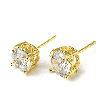 Brass with Cubic Zirconia Stud Earrings, Flat Round, Real 18K Gold Plated, 8mm