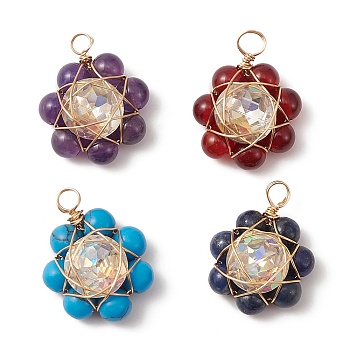 Natural & Synthetic Mixed Gemstone Flower Pendants, Golden Plated Copper Wire Wrapped Glass Charms, Mixed Dyed and Undyed, 17.5~18x13.5~14.5x6~6.5mm, Hole: 2~2.8mm