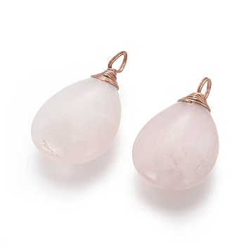 Natural Rose Quartz Pendants, with Rose Gold Tone Brass Findings, teardrop, 36~37x21~22x7~8mm, Hole: 4~5mm