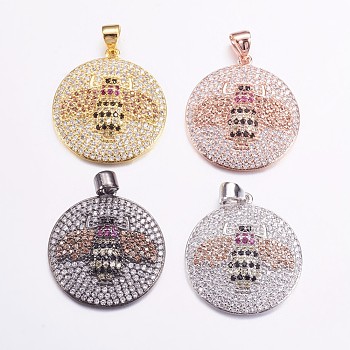 Brass Micro Pave Cubic Zirconia Pendants, Flat Round with Bee, Mixed Color, 24x22x4mm, Hole: 3x4mm