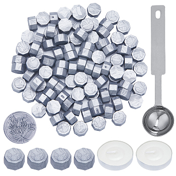 100Pcs Octagon Sealing Wax Particles, with 1Pc Stainless Steel Spoon and 2Pcs Flat Round Candles, for Retro Seal Stamp, Silver, Sealing Wax Particles Octagon: 9mm