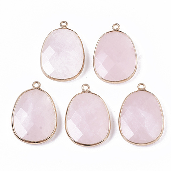 Natural Rose Quartz Pendants, with Golden Plated Edge Brass Findings, Nickel Free, Faceted, Oval, 25~26x17~18x5mm, Hole: 1.4mm