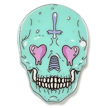 Halloween Theme Double-sided Printed Acrylic Pendants, Skull with Heart, Purple, 29.5x28x2.5mm, Hole: 1.4mm