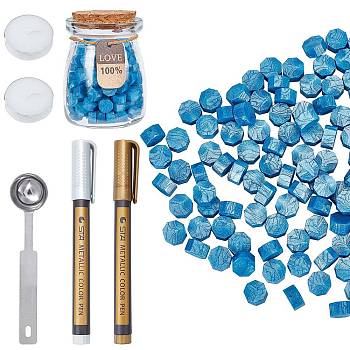 CRASPIR Sealing Wax Particles, with Metallic Markers Paints Pens, Stainless Steel Spoon, Candle, for Retro Seal Stamp, Royal Blue, 9mm, about 186pcs/set