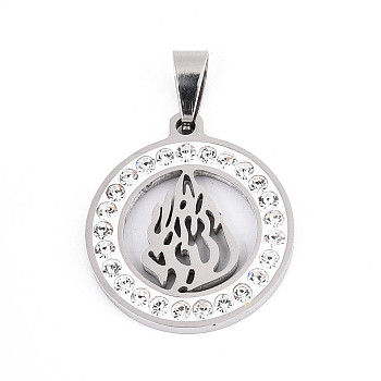 201 Stainless Steel Rhinestone Enamel Pendants, Flat Round & Flame Charms, Laser Cut, Stainless Steel Color, 22.5x20x2.5mm, Hole: 7.5x3.5mm