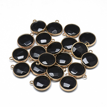 Dyed Natural Black Agate Pendants, with Golden Tone Brass Findings, Faceted, Flat Round, 21x18x6mm, Hole: 2mm