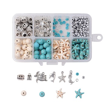 Ocean Theme DIY Jewelry Sets, with Synthetic Turquoise Beads, Alloy Pendants & Beads, Baking Paint Glass Seed Beads, Sea Turtle & Sea Star & Dolphin & Mermaid, Mixed Color, 110x70x30mm