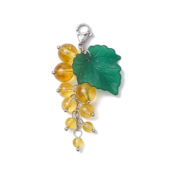 Grape Synthetic Citrine Pendant Decorations, Acrylic Leaf & Lobster Claw Clasps Charms, for Bag Key Ornaments, 48~55mm