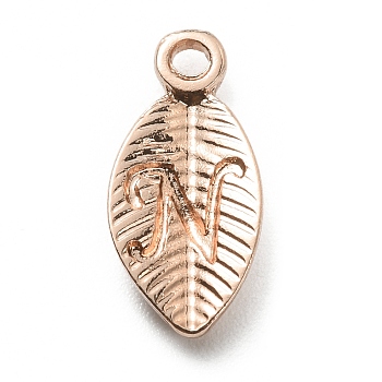 Alloy Pendants, Leaf with Letter Charm, Rose Gold, Letter.N, 15.5x7.5x2.5mm, Hole: 1.5mm
