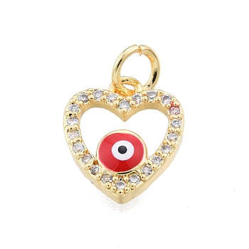 Brass Micro Pave Clear Cubic Zirconia Charms, with Enamel and Jump Rings, Golden, Heart with Evil Eye, Red, 13x11x3mm, Hole: 3mm