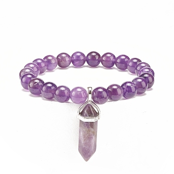 Natural Amethyst Round Beaded Stretch Bracelet with Bullet Shape Charm, Gemstone Jewelry for Women, Inner Diameter: 2-1/8 inch(5.4cm)