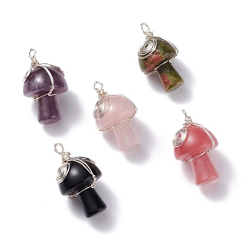 Natural & Synthetic Gemstone GuaSha Stone Pendants, with  Copper Wire Wrapped, Mushroom, Silver, 28.5x18mm, Hole: 2.5mm